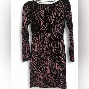 Cache Black and Pink Swirl glitter Long Sleeve Dress cocktail dress